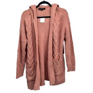 Almost Famous XL Pink Hooded‎ Cardigan Sweater Cable Knit Open Front Pockets